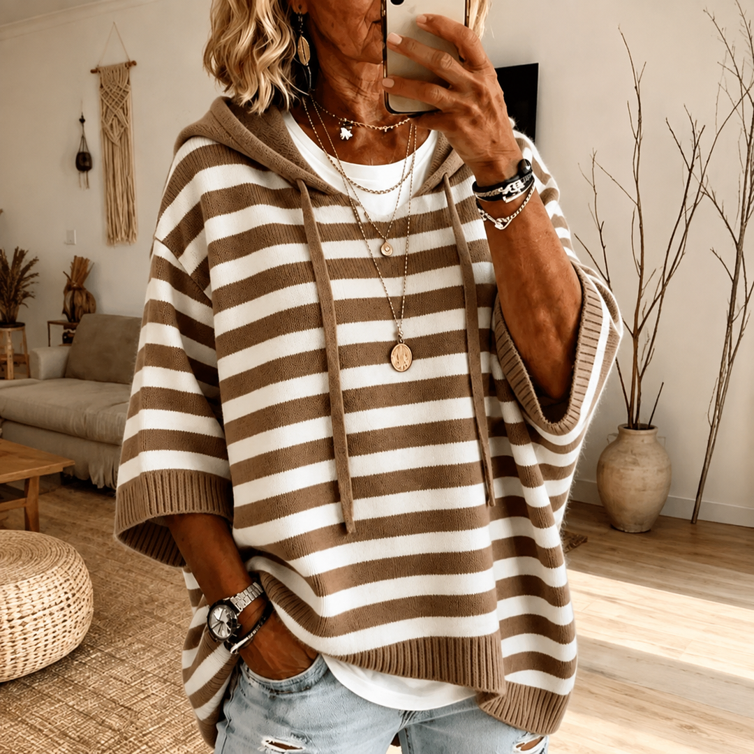 Mathilde Hooded Striped Poncho Sweater – Taupe