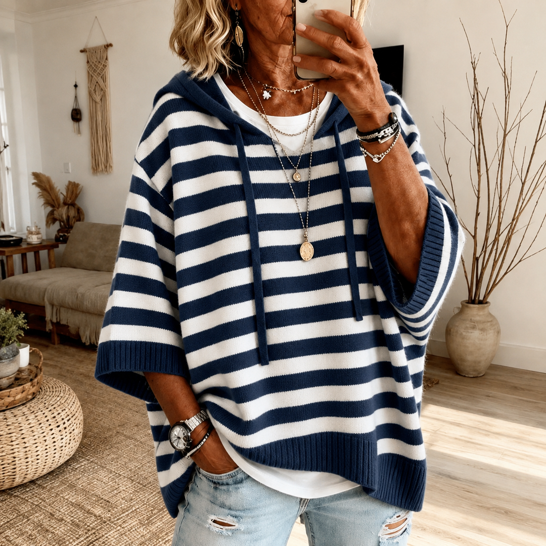 Marine Hooded Striped Poncho Sweater – Navy Blue