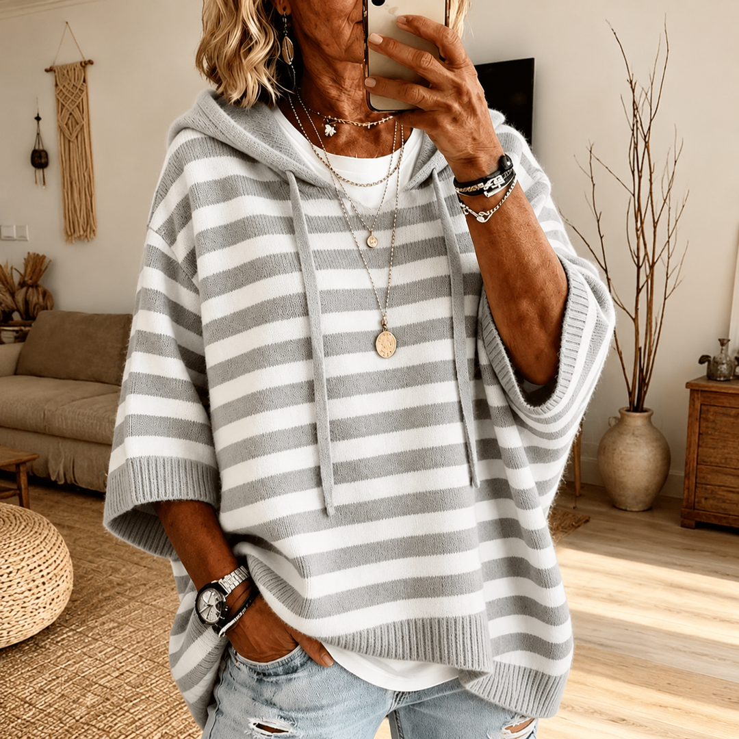 Celine Hooded Striped Poncho Sweater – Gray