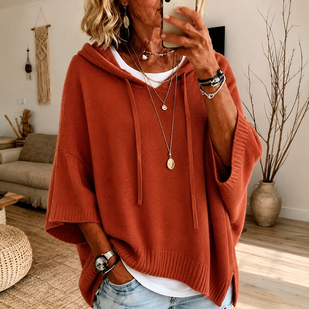 Oceane Hooded Poncho Sweater – Terracotta