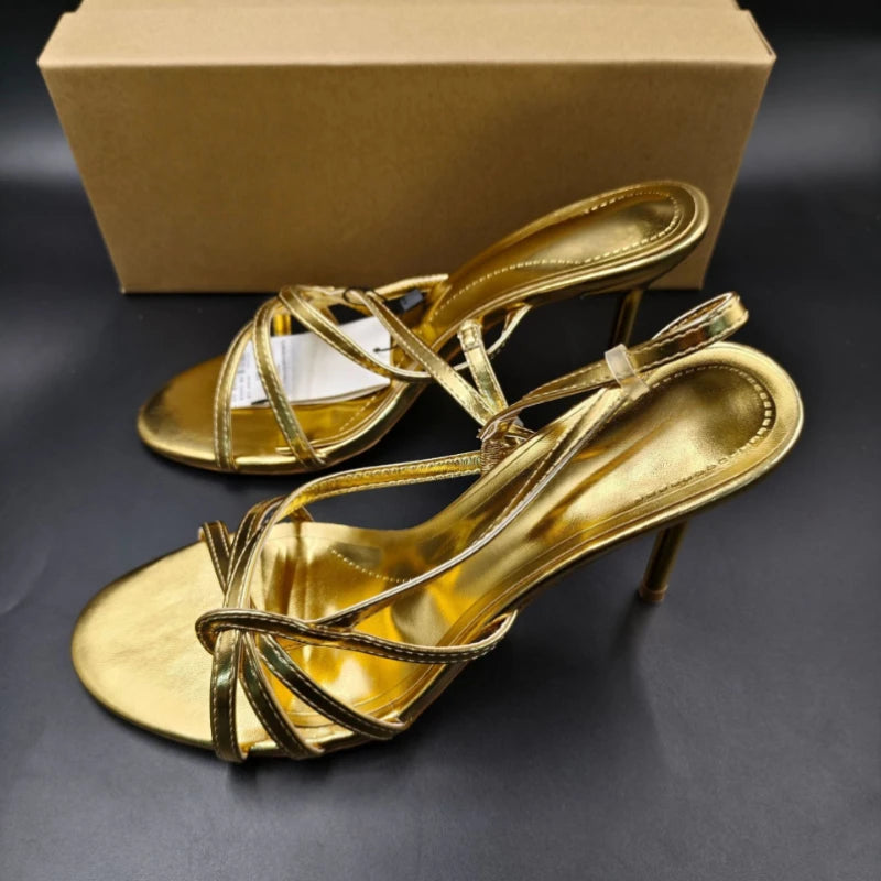 Golden Strappy Slingback Stiletto Sandals