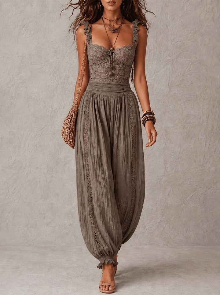 Bea Lace Top and Pleated Cotton Pants Set