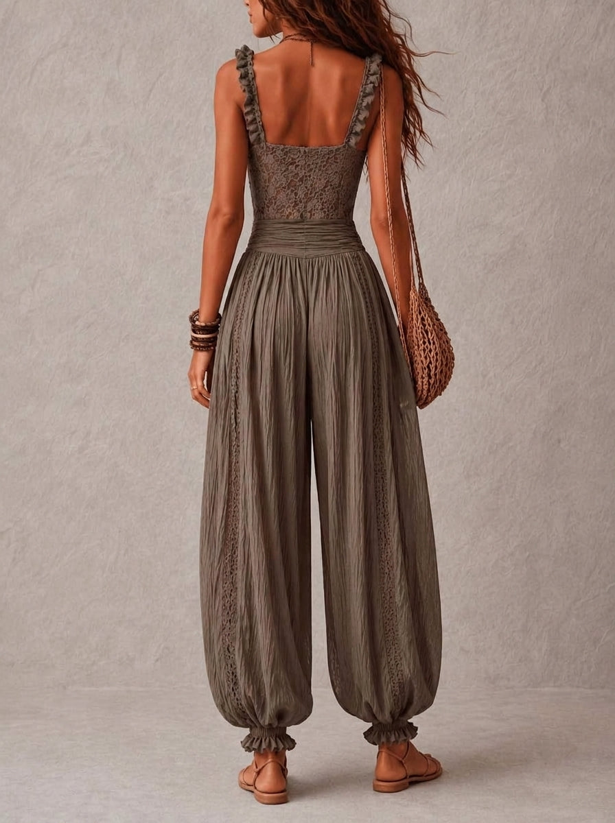 Bea Lace Top and Pleated Cotton Pants Set