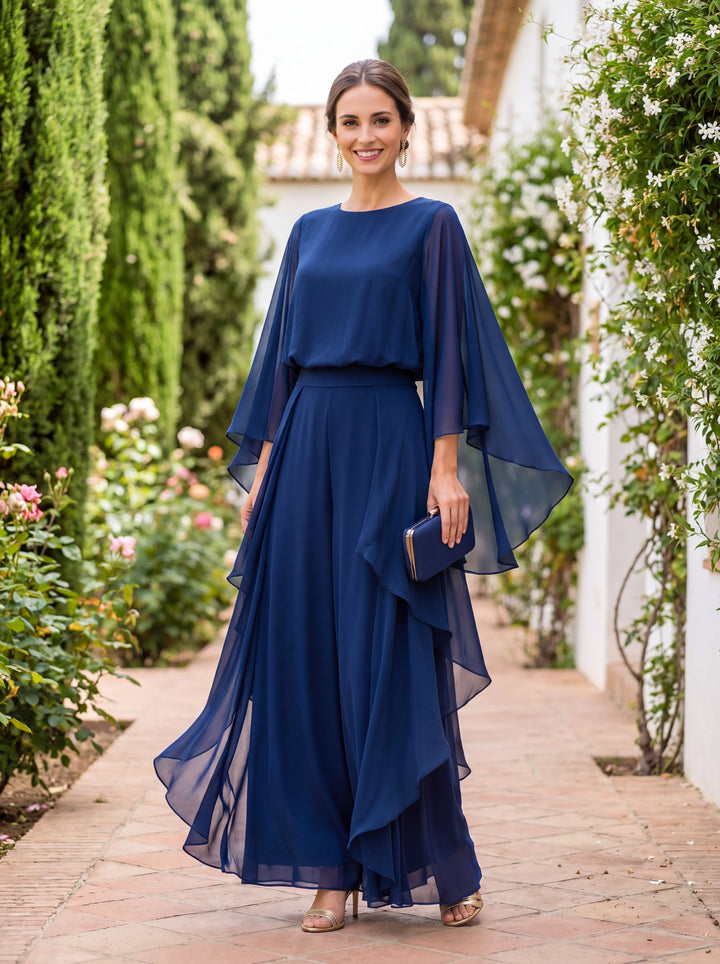 Lenorah Cape-Sleeve Chiffon Two-Piece Set