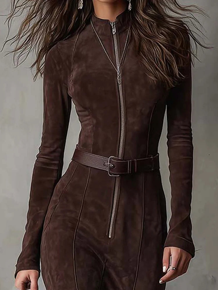 Marsella Brown Long Dress with Belt