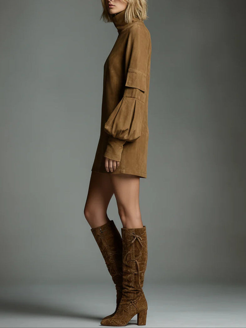 Bria Oversized Suede Mini Dress with High Neck