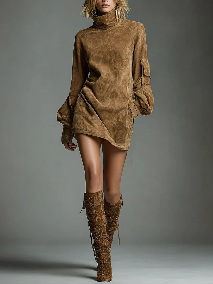 Bria Oversized Suede Mini Dress with High Neck