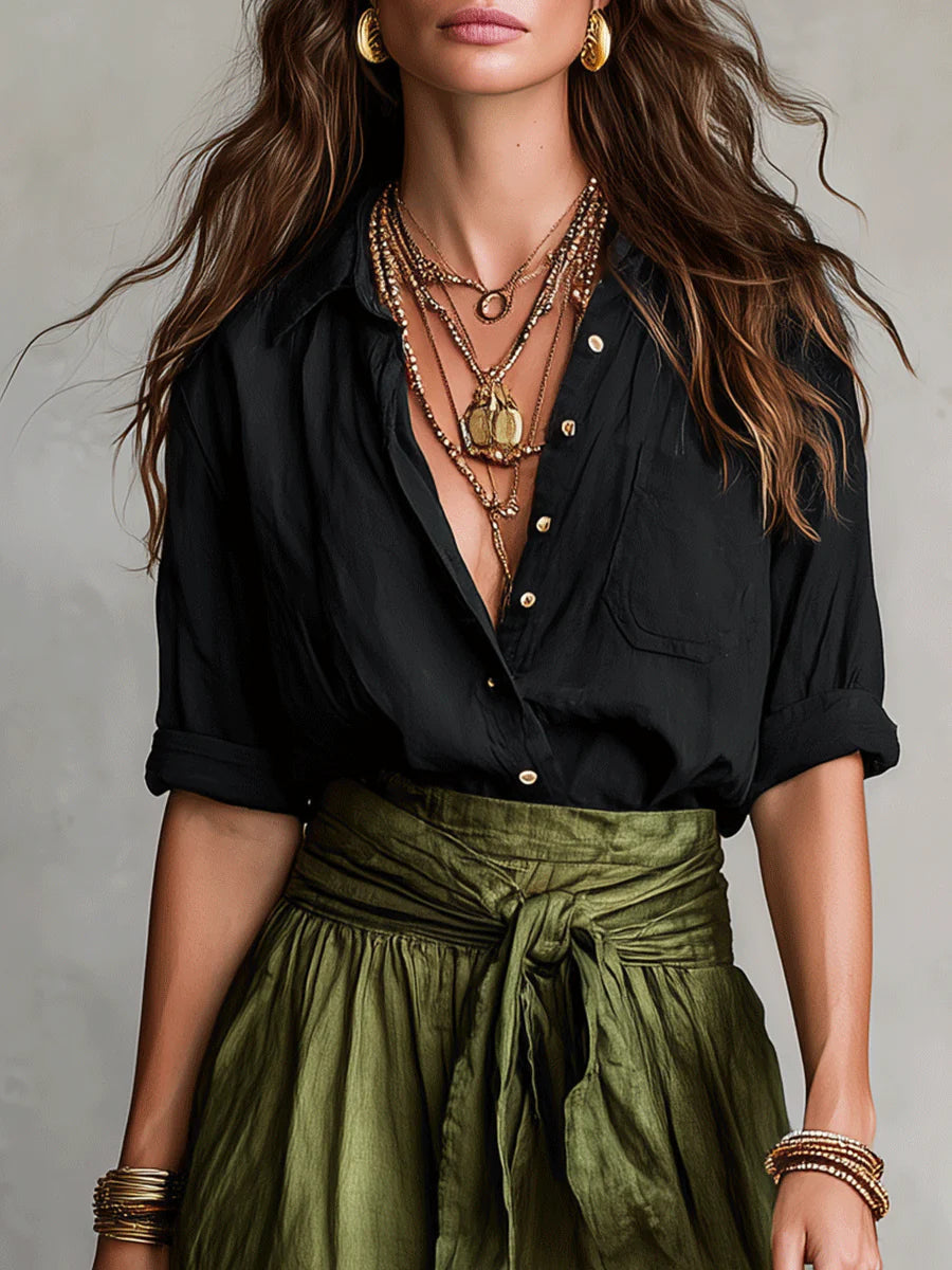 Vera – Black Top & Olive Green Midi Skirt Two-Piece Set
