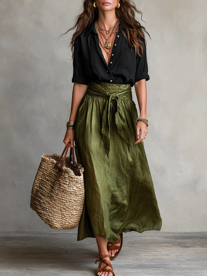 Vera – Black Top & Olive Green Midi Skirt Two-Piece Set