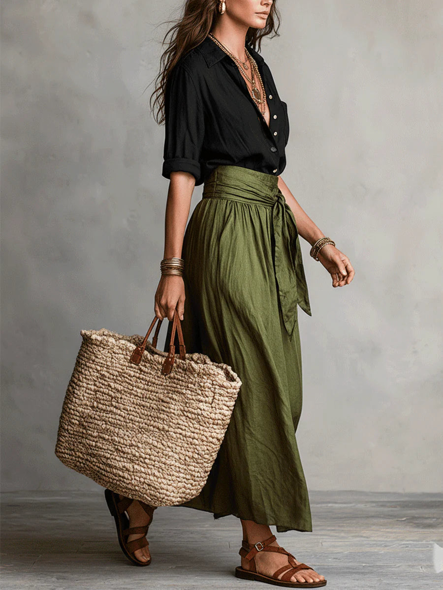 Vera – Black Top & Olive Green Midi Skirt Two-Piece Set