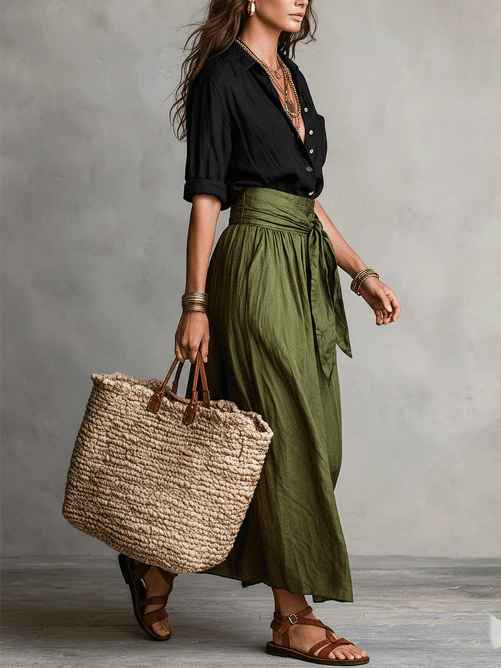 Vera – Black Top & Olive Green Midi Skirt Two-Piece Set