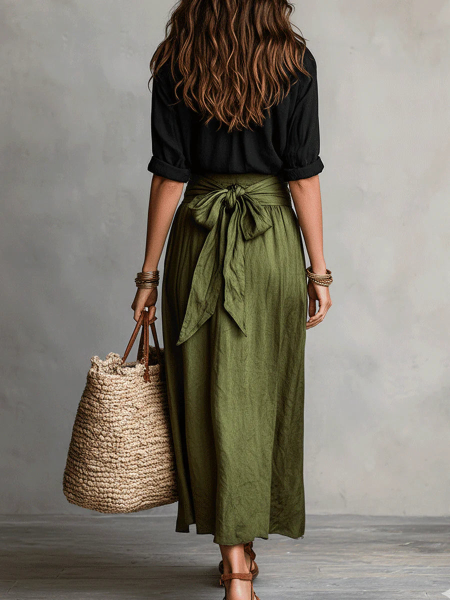 Vera – Black Top & Olive Green Midi Skirt Two-Piece Set