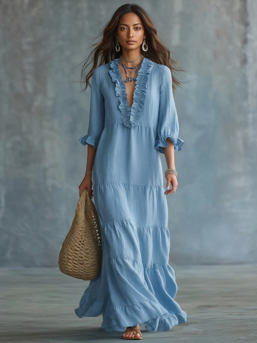 Anita Sky Blue Boho Maxi Dress