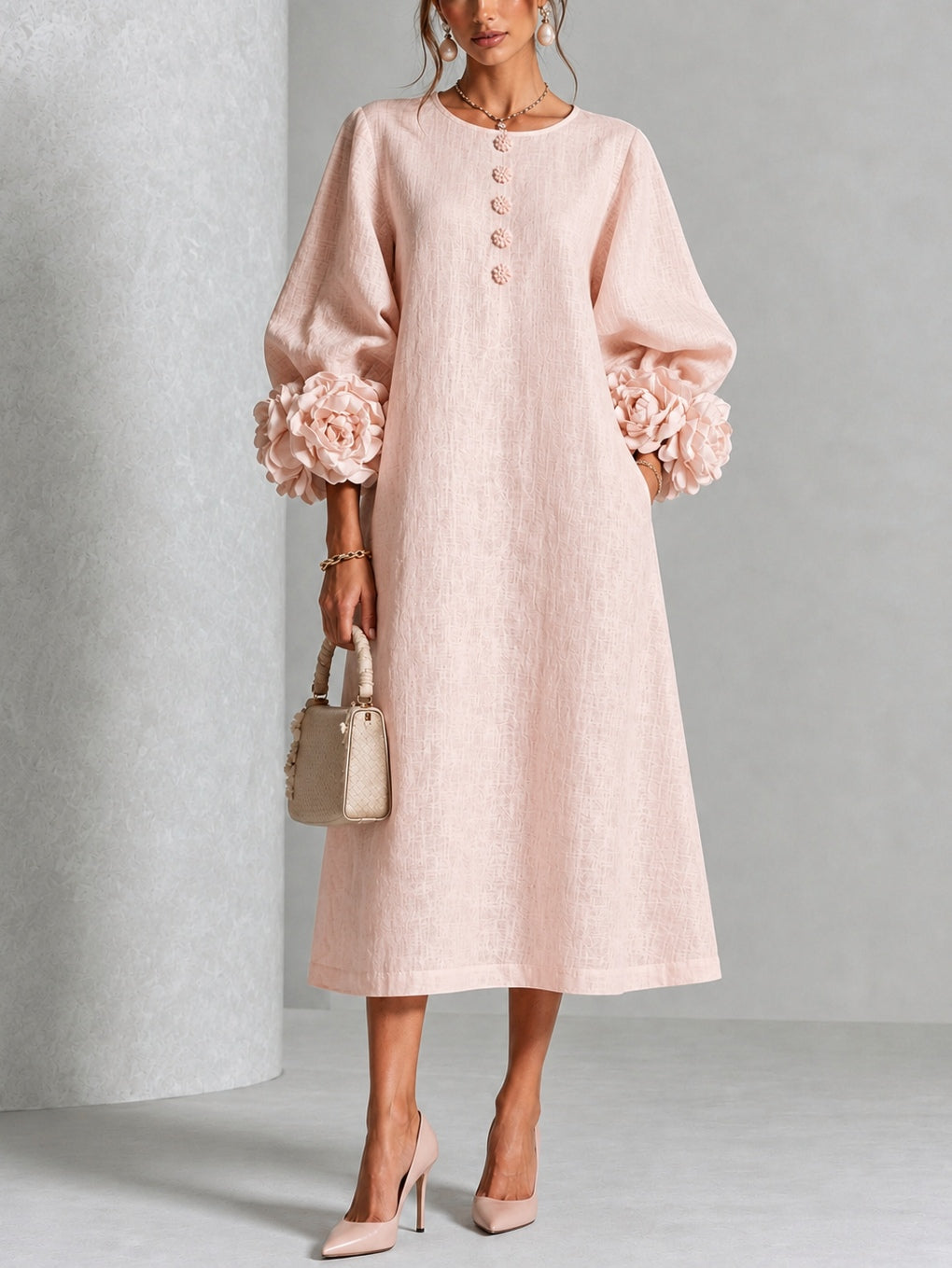 Theodosia Rosette-Cuff Button Midi Dress