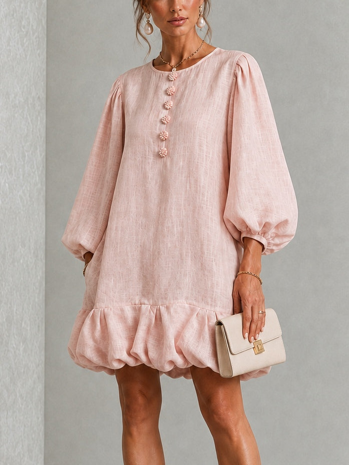 Verity Floral-Button Puff-Sleeve Mini Dress