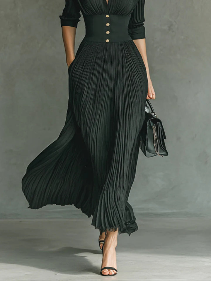 Elvira Long Pleated Dress with Lapel Collar