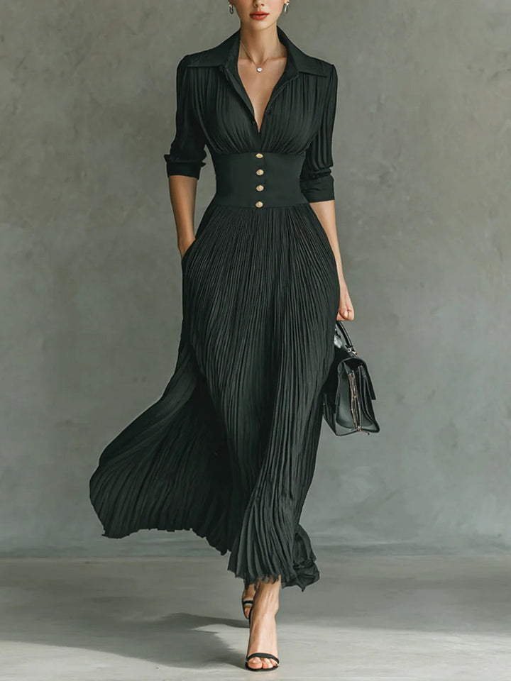 Elvira Long Pleated Dress with Lapel Collar