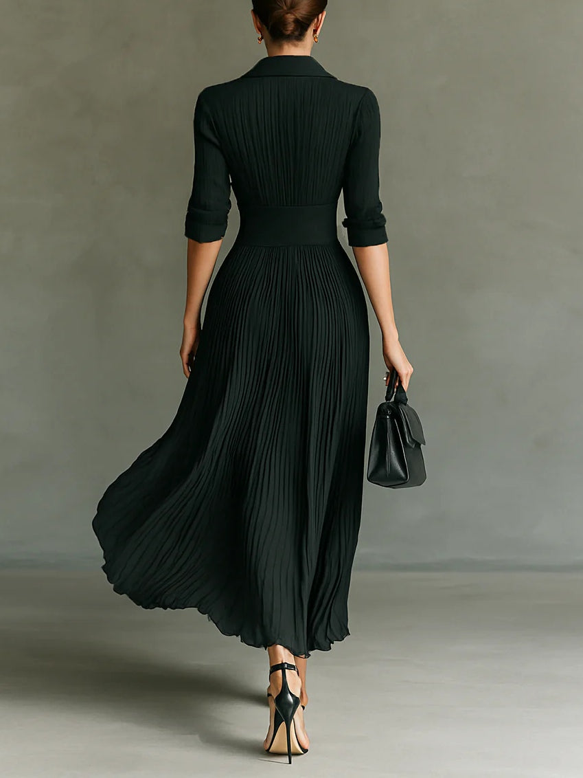 Elvira Long Pleated Dress with Lapel Collar