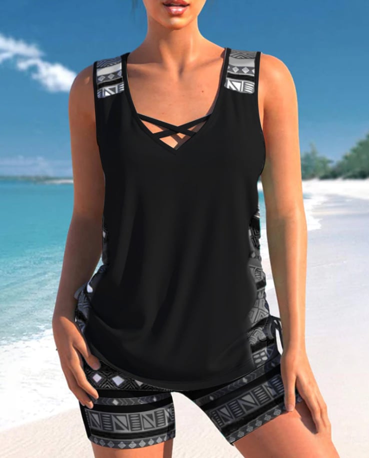 Printed Tankini Set With V-Neck