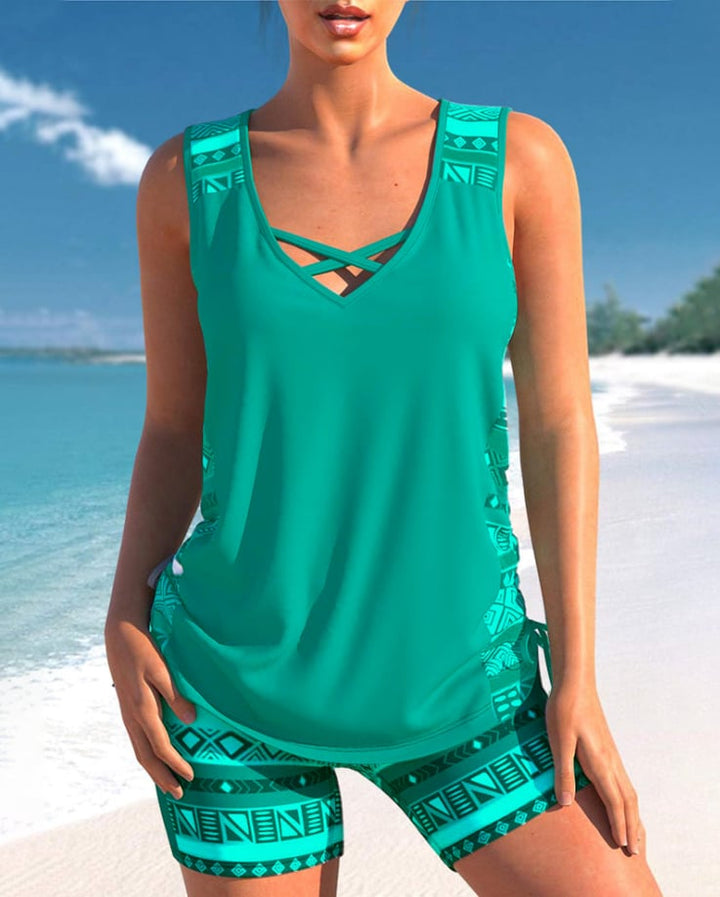Printed Tankini Set With V-Neck