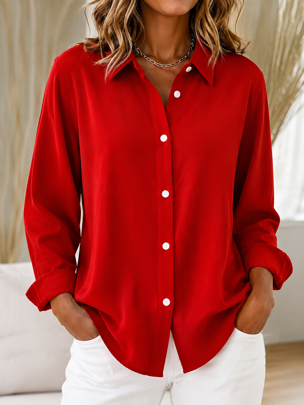 Mirande Elegant Collared Button-Down Blouse – Red