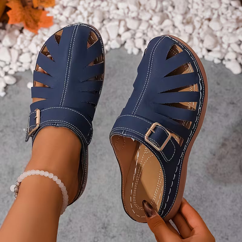 Alvena Closed-Toe Cut-Out Buckle Flat Sandals