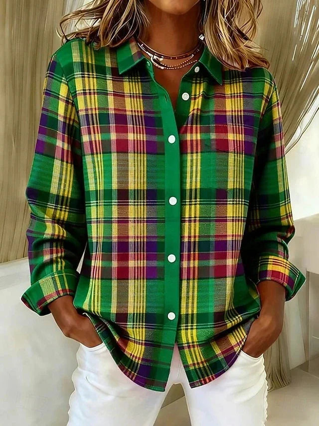 Dulcie Vintage Plaid Button Front Blouse – Green
