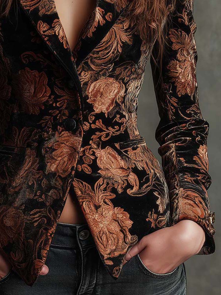 Bertille | Black & Bronze Floral Print Tailored Blazer