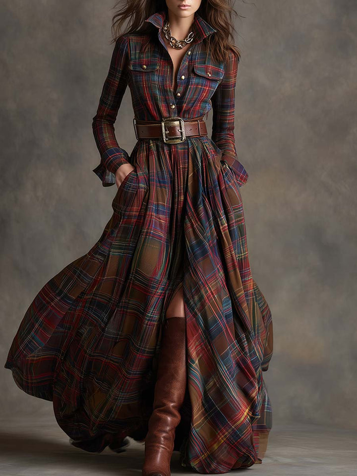 Henrietta | Belted Button-Front Long-Sleeve Maxi Shirt Dress for Women