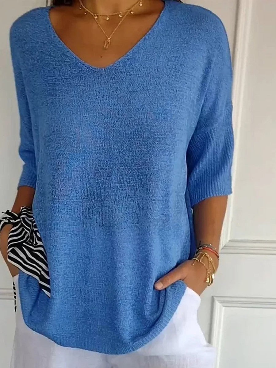 Tina Solid Color Knitted V-Neck Sweater