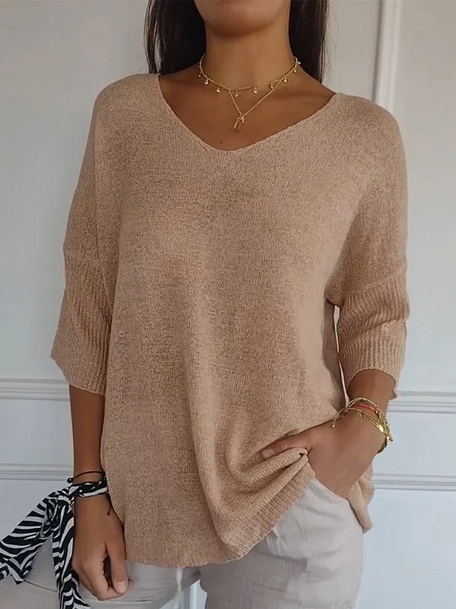 Tina Solid Color Knitted V-Neck Sweater
