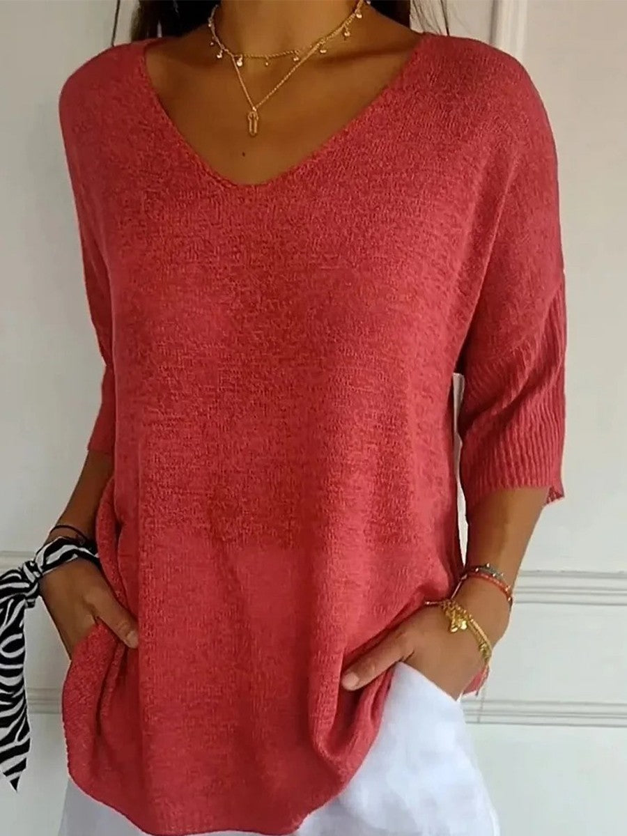 Tina Solid Color Knitted V-Neck Sweater