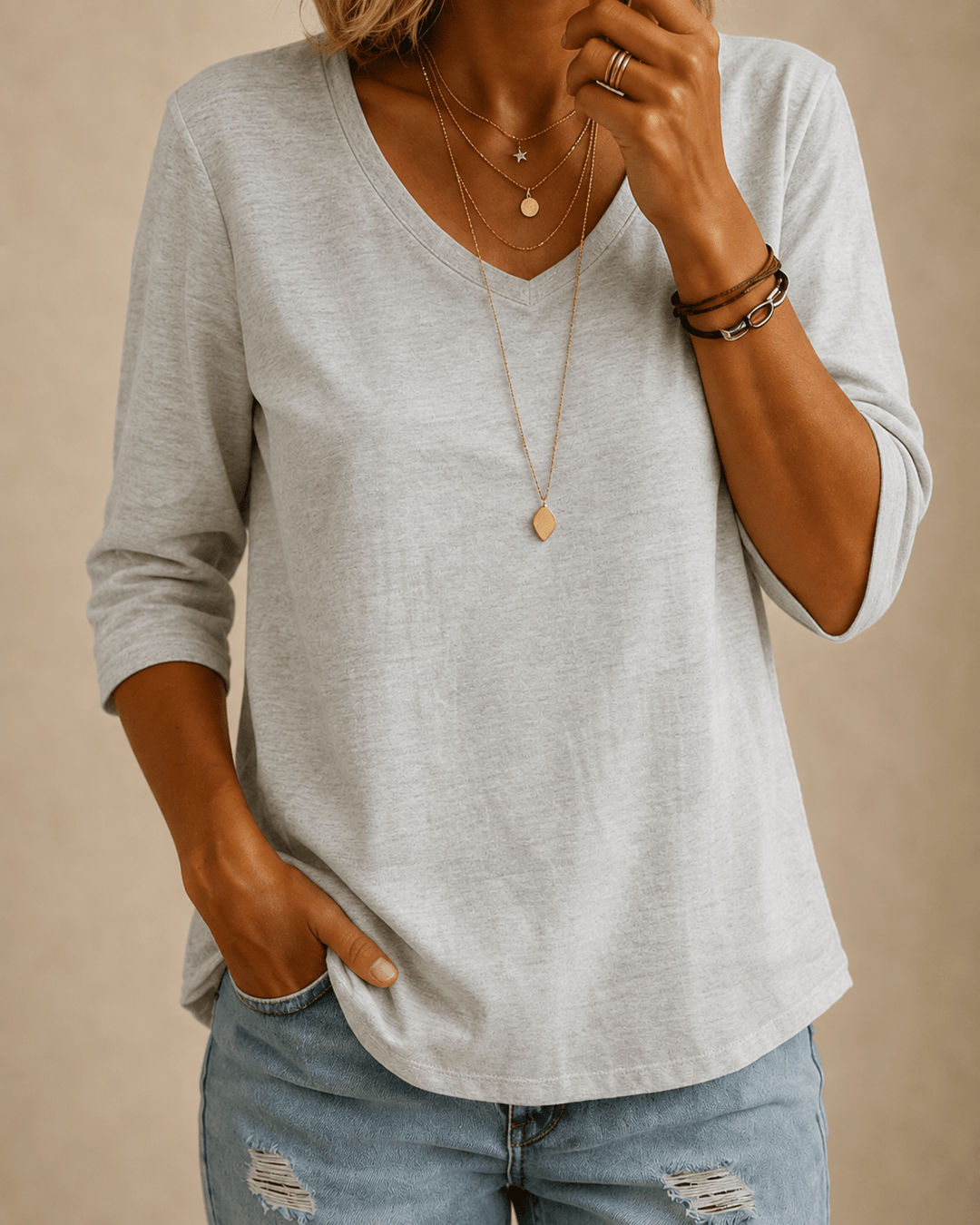 Essential Comfort V-Neck Tee - Light Grey