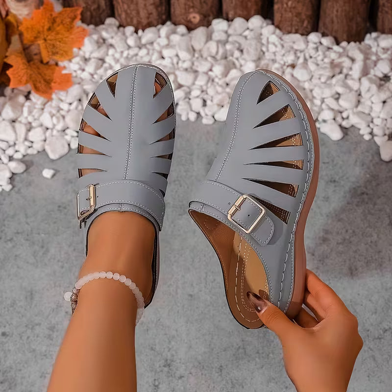 Alvena Closed-Toe Cut-Out Buckle Flat Sandals