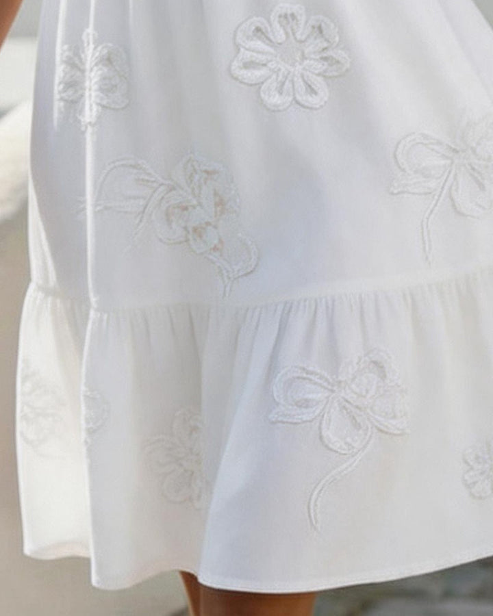 Blossom Embroidered Ruffle V-Neck Puff Sleeve Dress