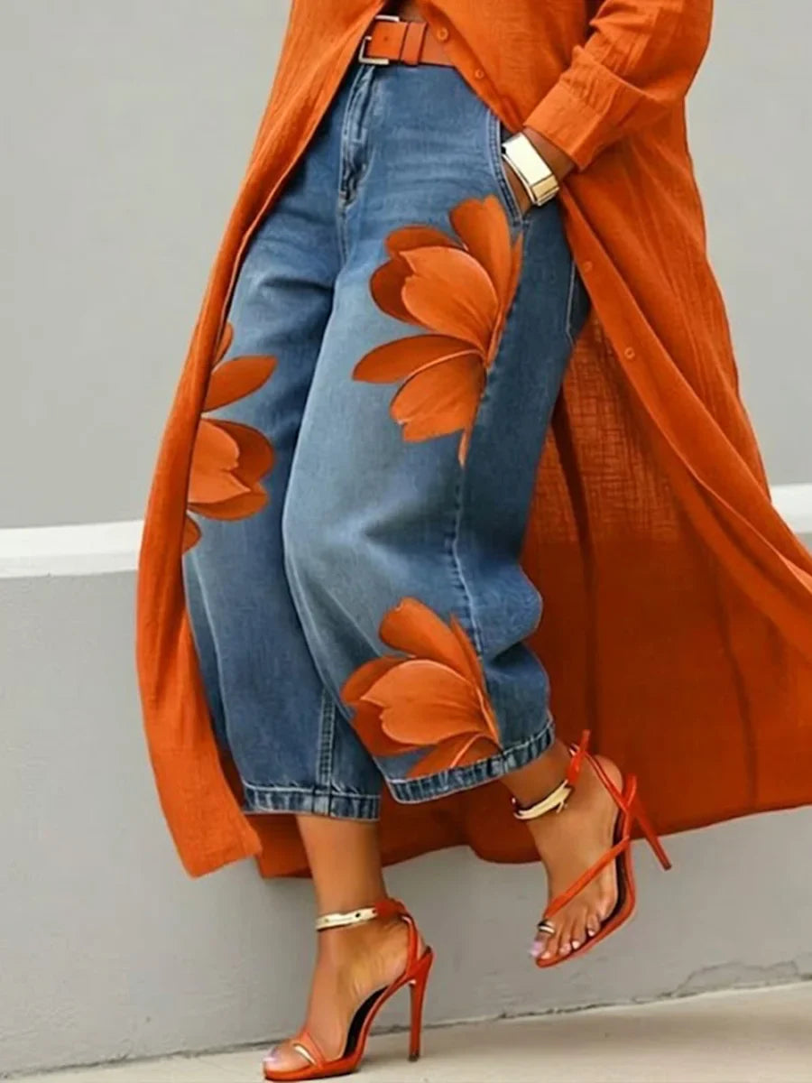 Fiamma Linen Shirt Dress and Floral Jeans Set