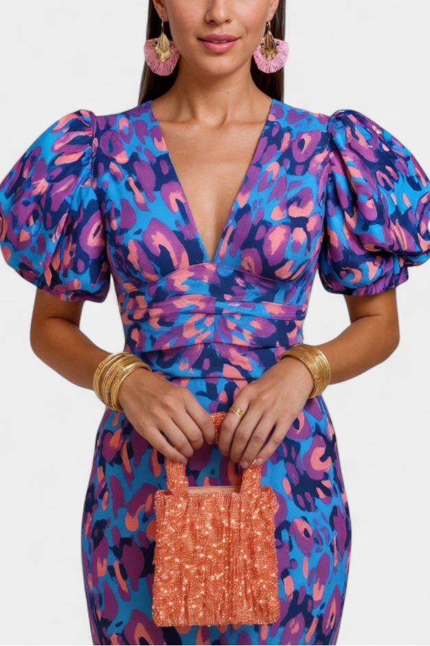 Carla Printed Midi Dress with Puff Sleeves