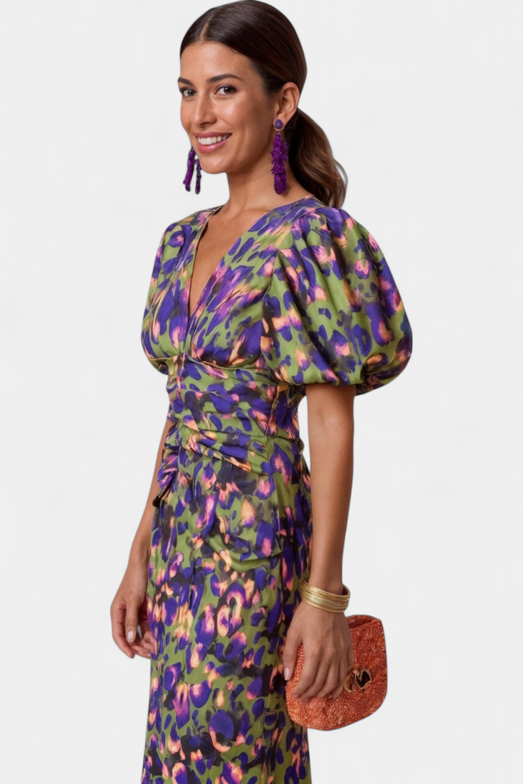 Carla Printed Midi Dress with Puff Sleeves