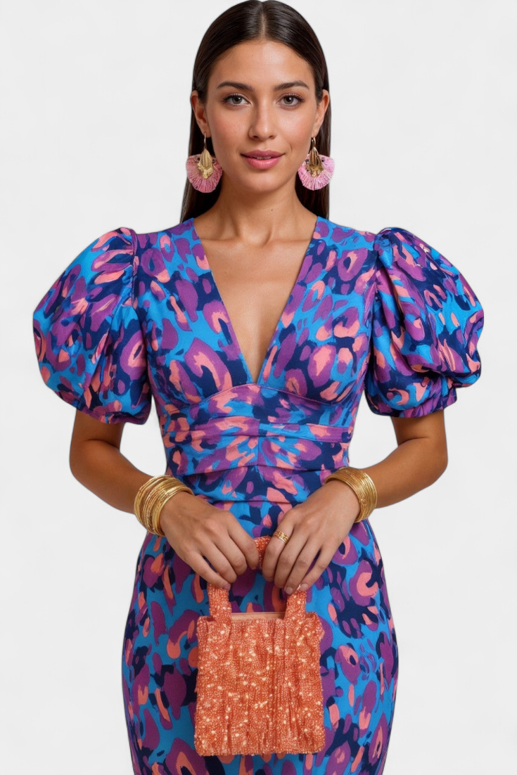 Carla Printed Midi Dress with Puff Sleeves