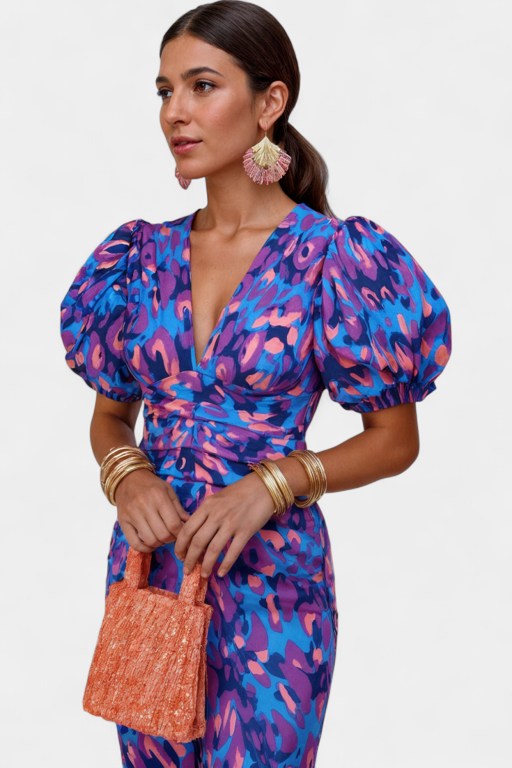 Carla Printed Midi Dress with Puff Sleeves