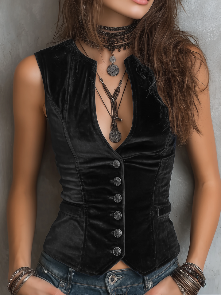 Odette Vintage Round V-Neck Velvet Vest