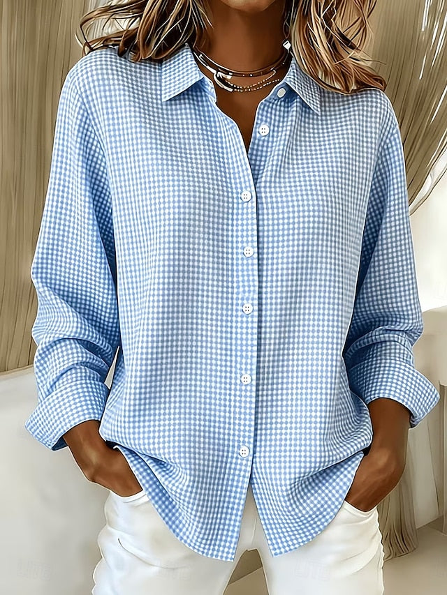 Hillrose Relaxed Gingham Button-Front Blouse – Sky Blue