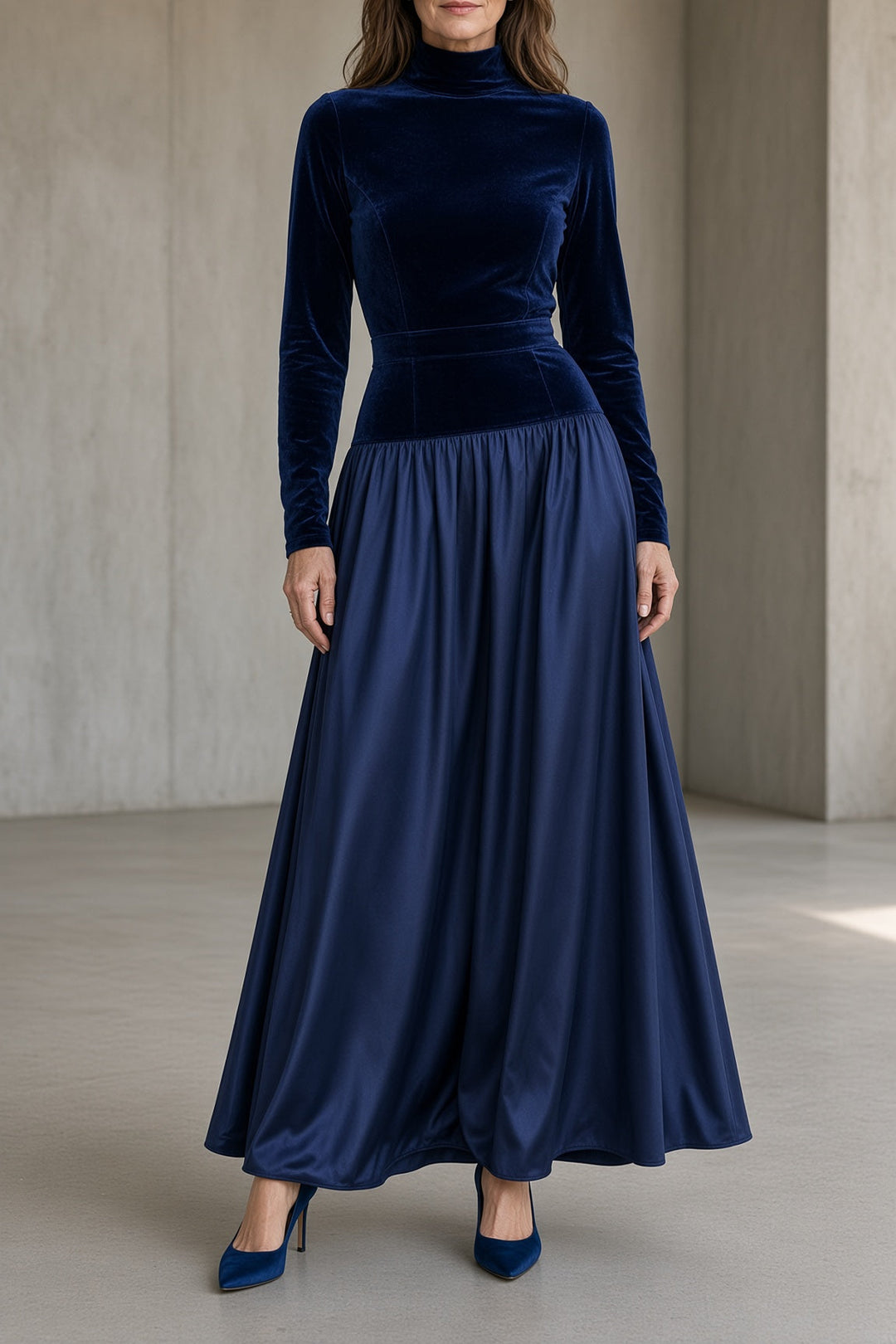 Vivien High-Neck Velvet Dress – Blue