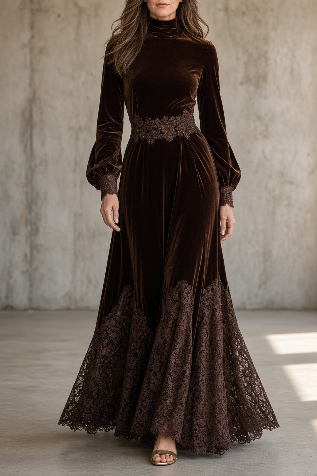 Monica Velvet Lace Maxi Dress – Brown