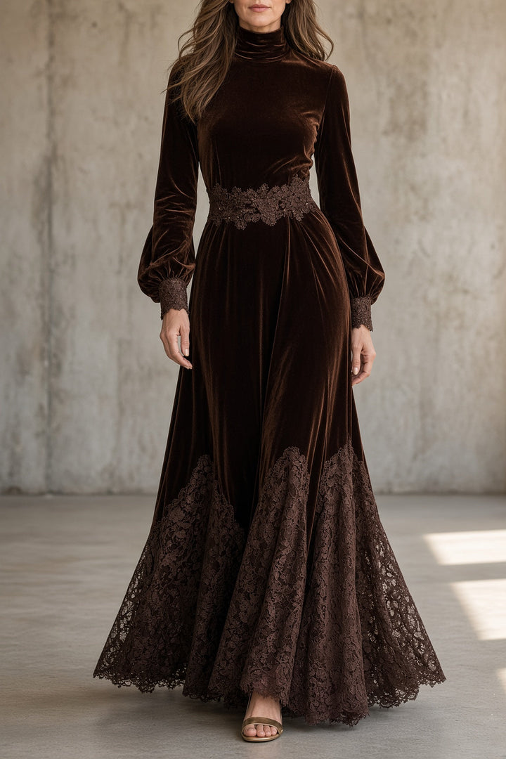 Monica Velvet Lace Maxi Dress – Brown
