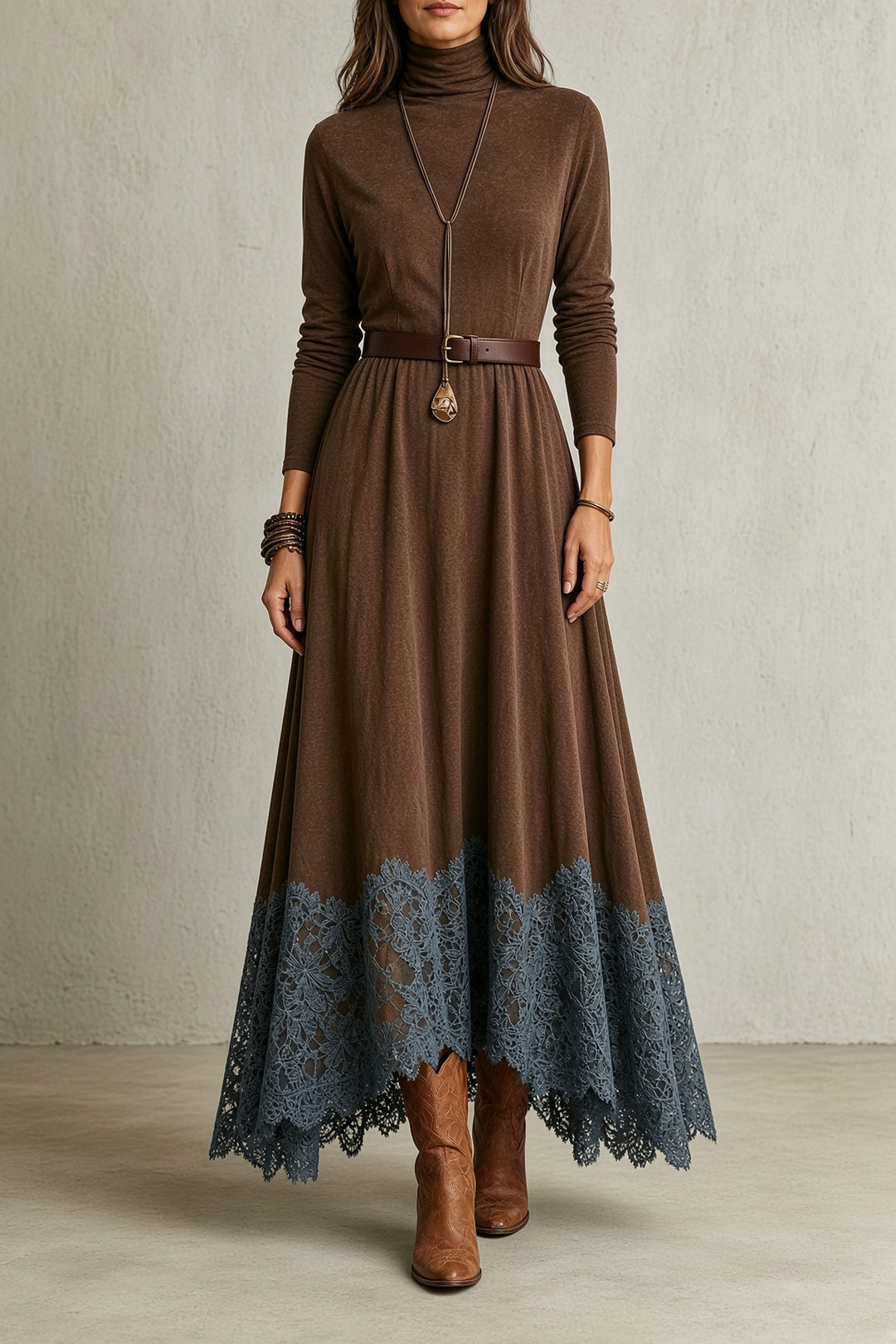 Sarah Vintage Turtleneck Dress – Brown