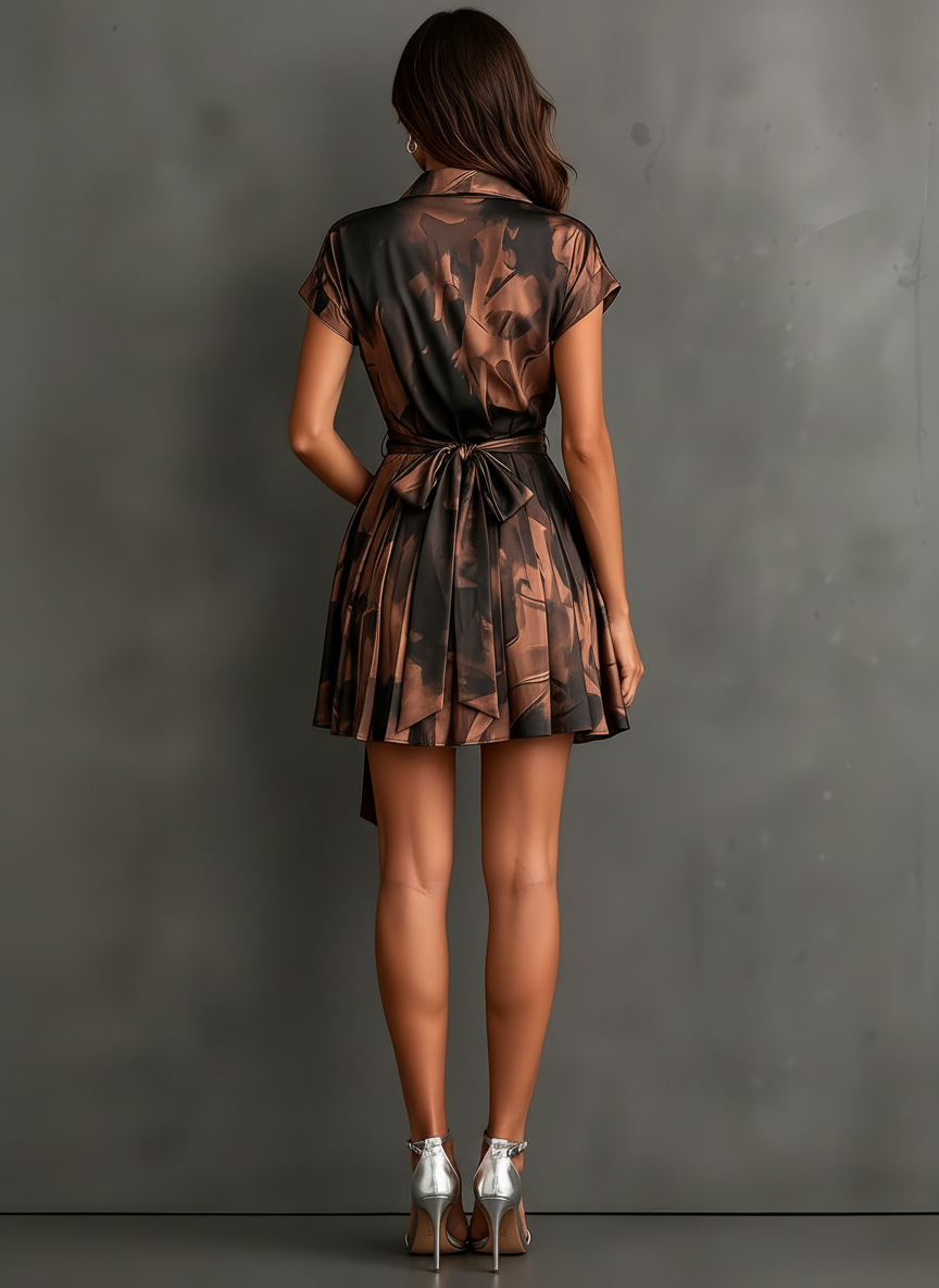Chiara Mini Wrap Dress in Brown Watercolor Print