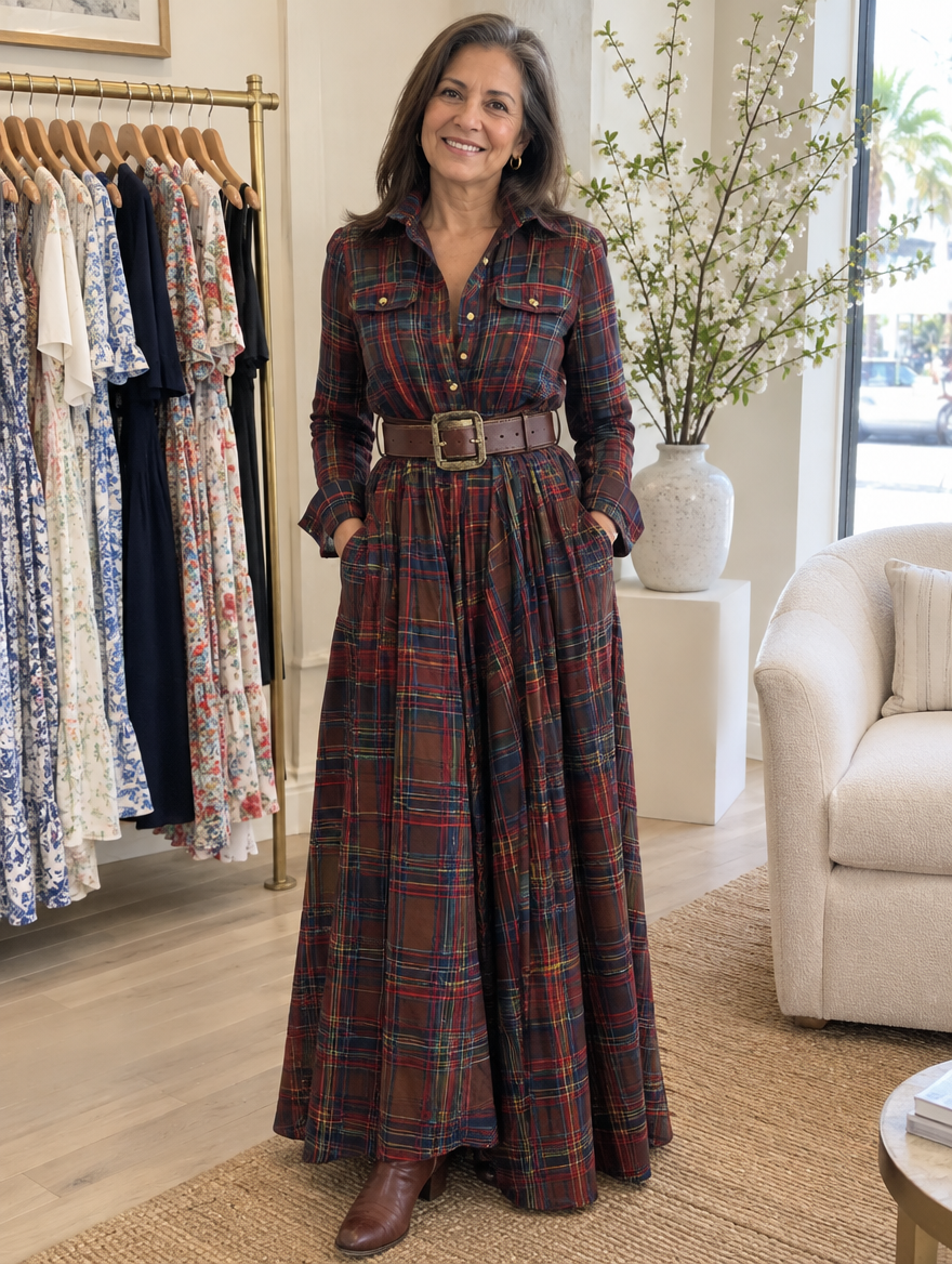 Beatriz Long Checkered Dress with Belt