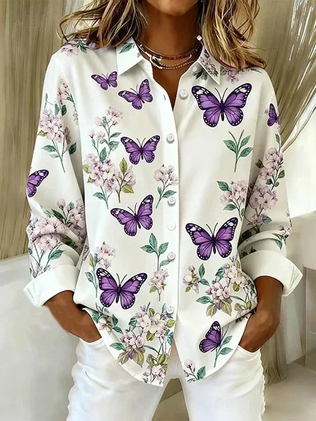 Dahlia Butterfly Print Button Blouse – White