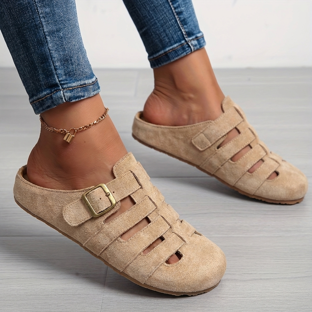 Clara Comfortable Buckle Mule Sandals - Khaki